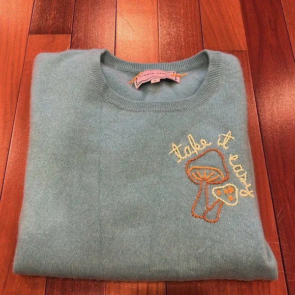 Lingua Franca mushroom Embroidered Cashmere Sweater short sleeve XL Take it easy - Picture 2 of 10